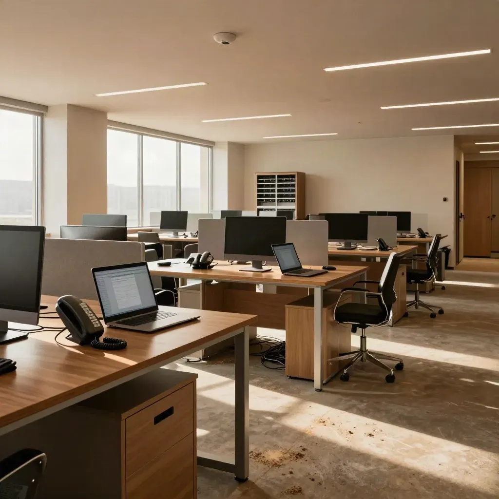 Empty office floor with powered desks, phones, access points, and warm dust in sunbeams.